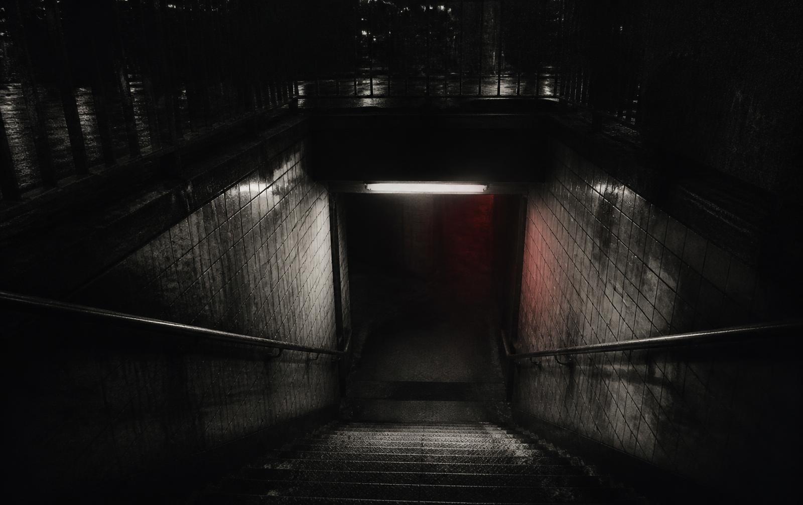 Dark New York subway entrance at night
